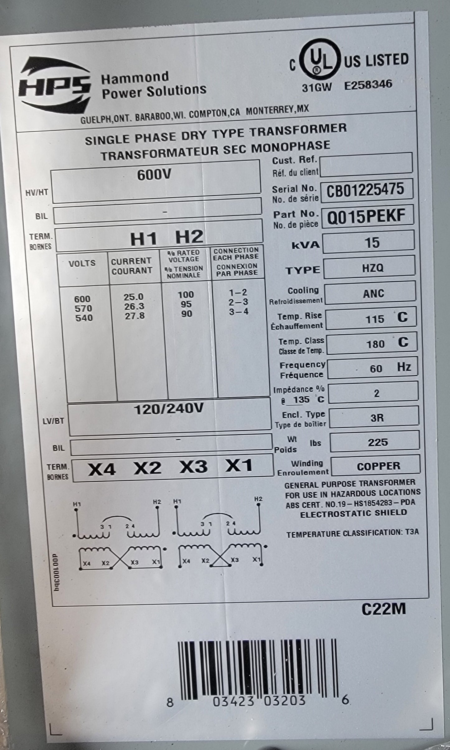 Transformer, 600 - 120/240V, 15 KVA, Type HZQ, Enclosure 3R, Encapsulated, NEW