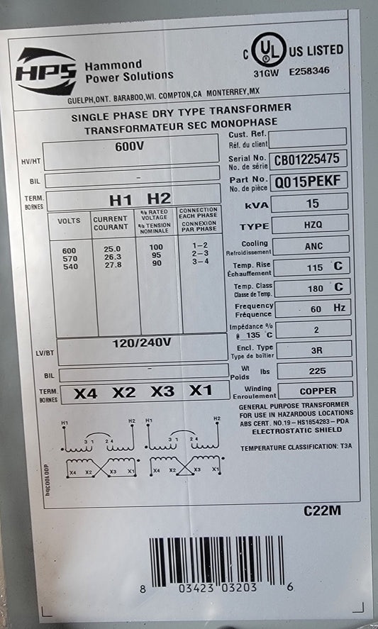 Transformer, 600 - 120/240V, 15 KVA, Type HZQ, Enclosure 3R, Encapsulated, Q015PEKF, NEW