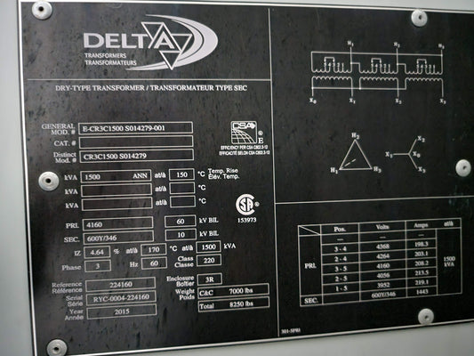 4160V - 600V 1500 KVA Transformer 3 Phase Dry in Type 3 Enclosure