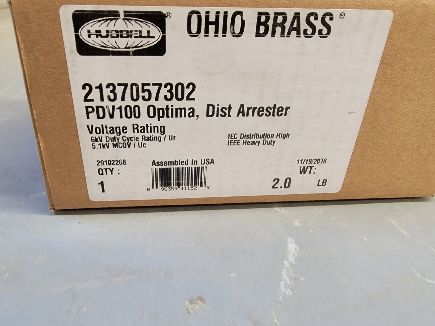 5KV Surge Arrester, Hubbell Optima PDV100, Part 2137057302, Distribution Class, New